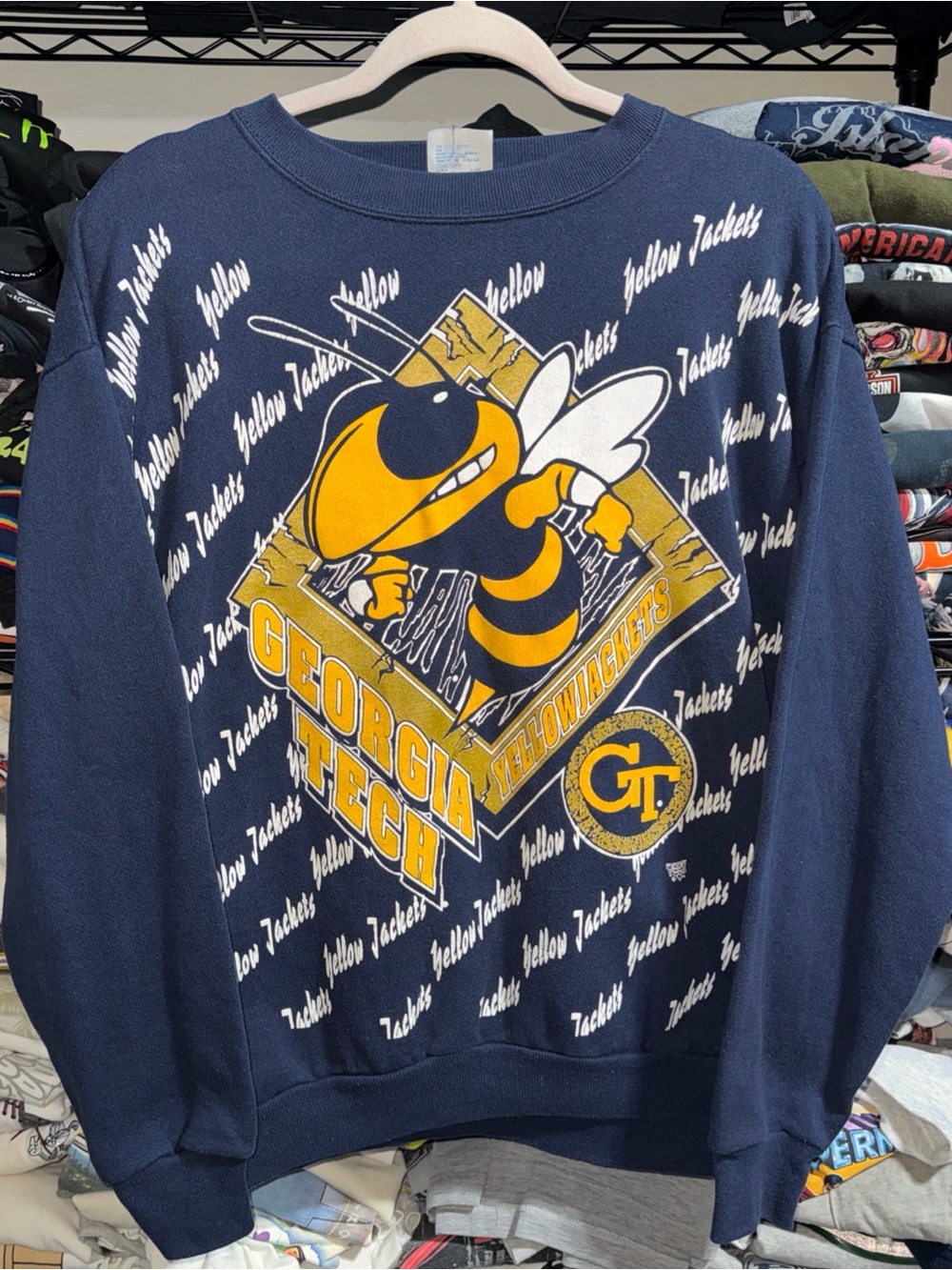 Vintage 90s Georgia Tech Yellow Jackets Aop Blue Crewneck Size Large